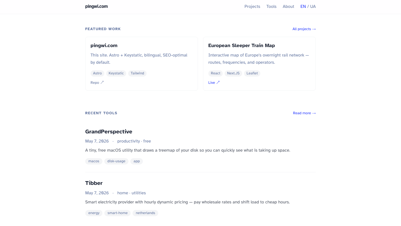 Screenshot of the pingwi.com blog homepage