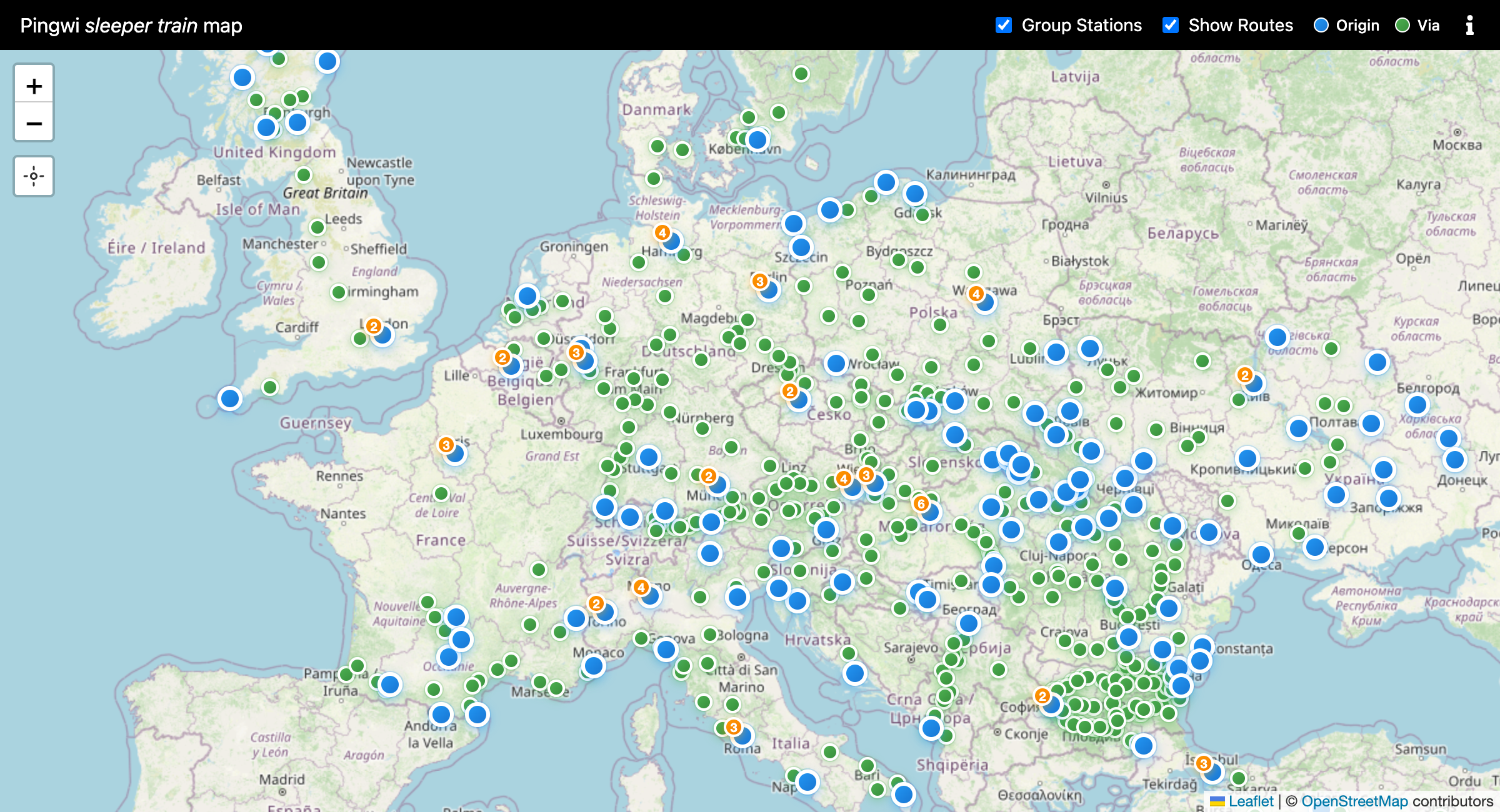 Screenshot of the Night train map project